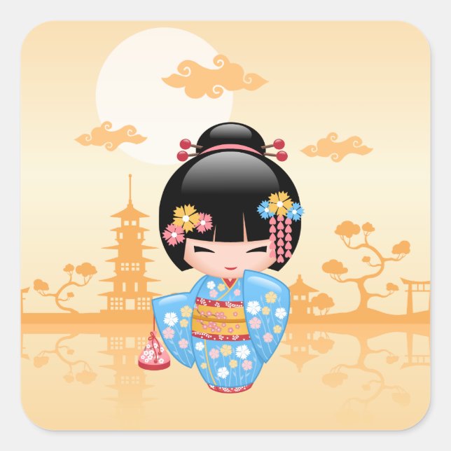 Maiko Kokeshi Doll - Niedliches japanisches Geisha Quadratischer Aufkleber (Vorderseite)