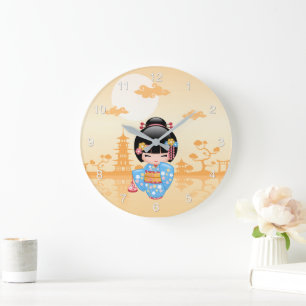 Maiko Kokeshi Puppe Süße Geisha Mädchen Gelb Große Wanduhr