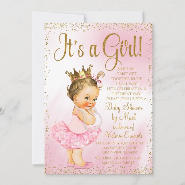 Mail Baby Dusche Pink Gold Brünett Prinzessin Tutu Einladung (Vorderseite)