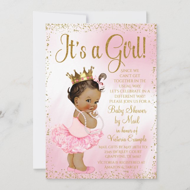 Mail Baby Dusche Pink Gold Ethnic Princess Tutu Einladung (Vorderseite)