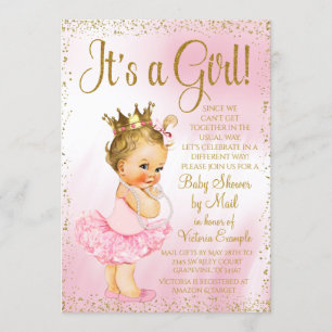 Mail Baby Dusche Rosa Gold Blonde Prinzessin Tutu Einladung