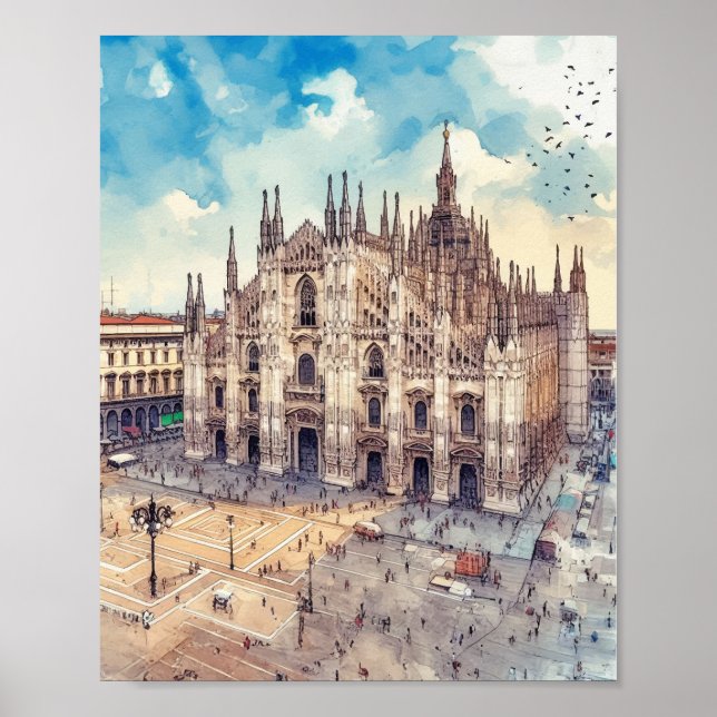 Mailand Kathedrale Italien Wasserfarben Kunst, Dic Poster (Vorne)