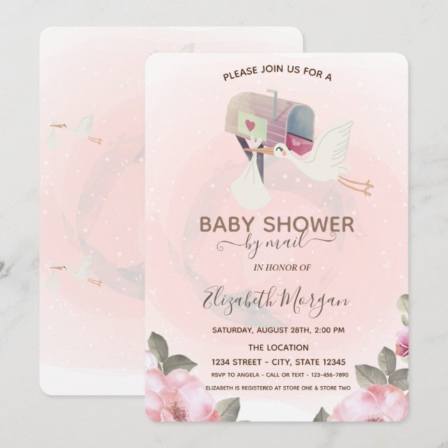 Mailbox, Niedlich Stork Floral Baby Showroom Einladung (Vorne/Hinten)