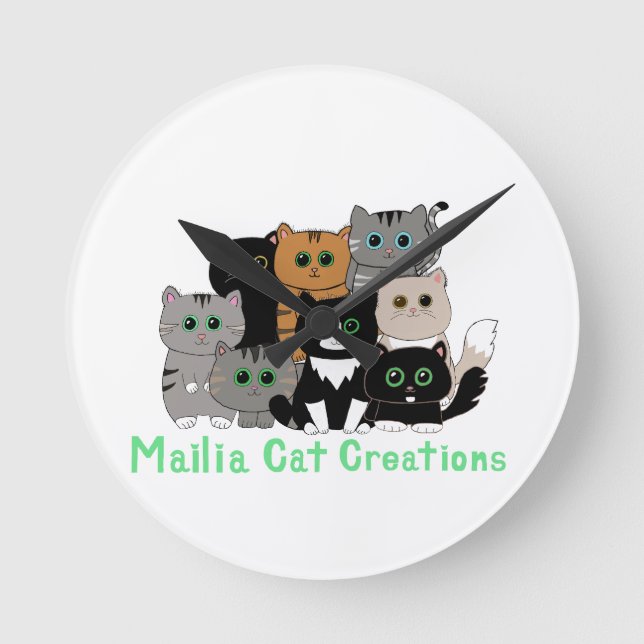 Mailia Cat Kreationen Cat Family Runde Wanduhr (Vorderseite)