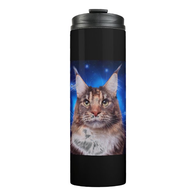 Main Coon Cat Blue Background Stars Thermosbecher (Vorderseite)