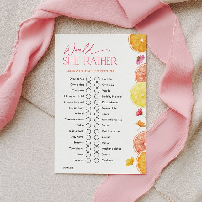 Main Squeeze Junggesellinnen-Abschied Spiele Würde (Would she rather? Bridal Shower Game | Main Squeeze Citrus)