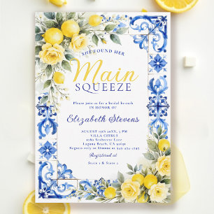 Main Squeeze Lemon Blaue Fliesen Blumen Hochzeitsd Einladung