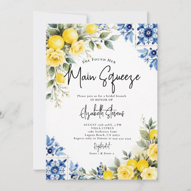 Main Squeeze Lemon Blue Tile Rose 2 Brautparty  Einladung (Vorderseite)