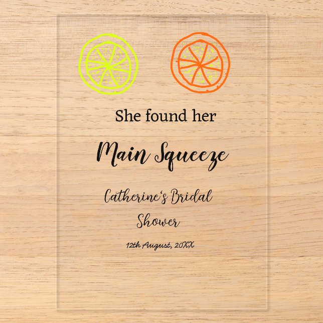 Main Squeeze lemon citrus bridal shower add name d Acryleinladungen (Vorderseite)