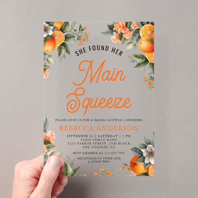 Main Squeeze Tangerine Orange Citrus Bridal Shower Acryleinladungen (Insitu (Handheld))