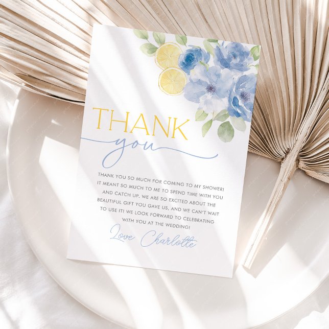 Main Squeeze Zitrus-Blumen-Hochzeitsshower-Dankesc Dankeskarte (She found her main squeeze! Bridal Shower Thank You Cards in Blue floral citrus lemon design)