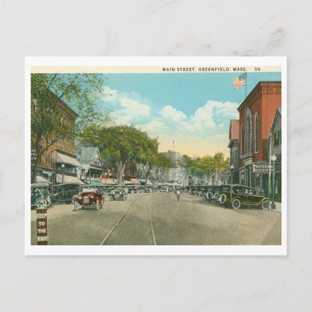 Main St., Greenfield, MA Vintag Postkarte (Vorderseite)