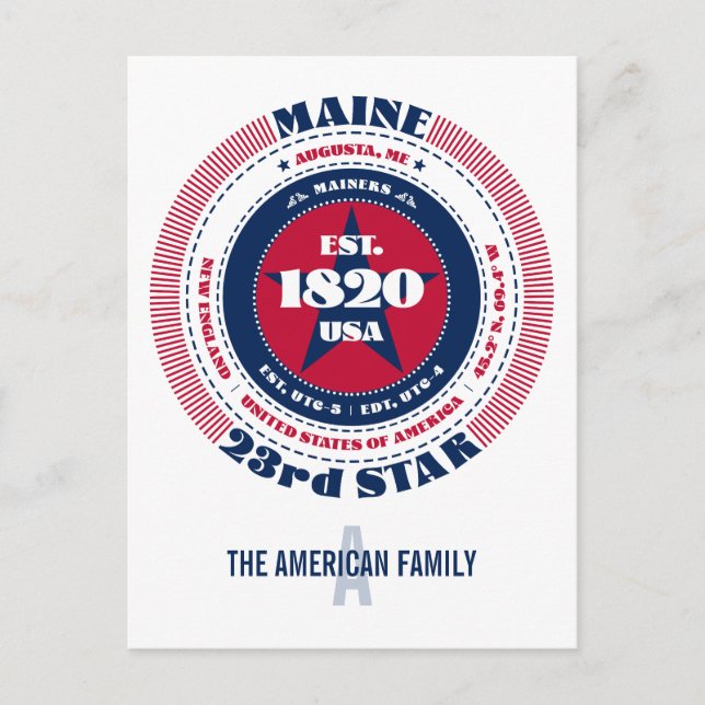 Maine, Augusta, ME, Patriotic, Monogram Postkarte (Vorderseite)