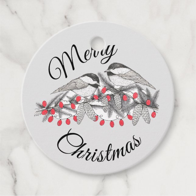 Maine Chickadee Bird Pen und Tinte Weihnachtsfeier Geschenkanhänger (Vorderseite)