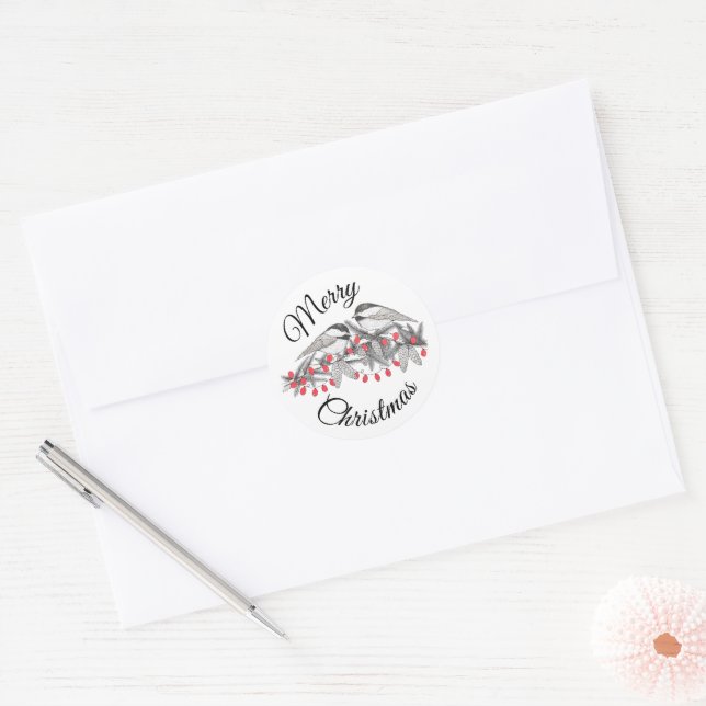 Maine Chickadee Bird Pen und Tinte Weihnachtsfeier Runder Aufkleber (Umschlag)