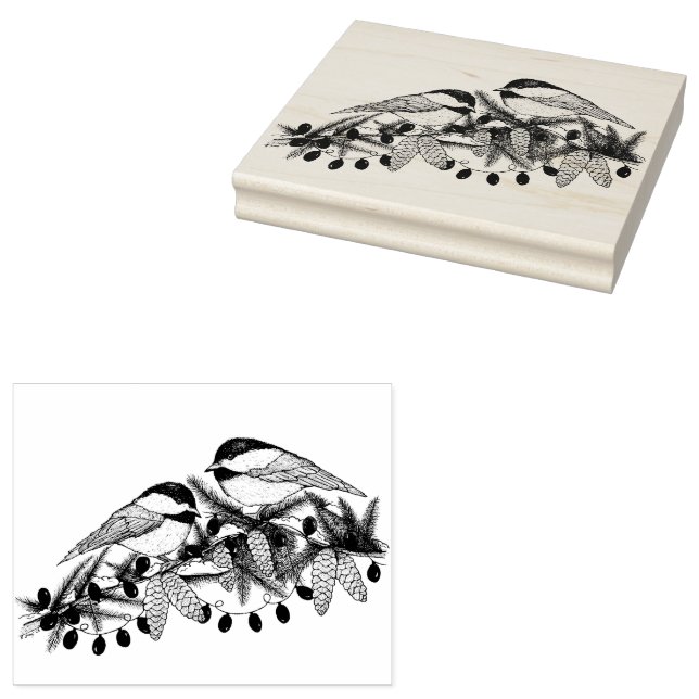 Maine Chickadee Birds Pine Branch Schnee Weihnacht Gummistempel (Stempel)