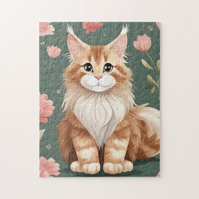 Maine Coon Art mit rosa Blume (Vertikal)