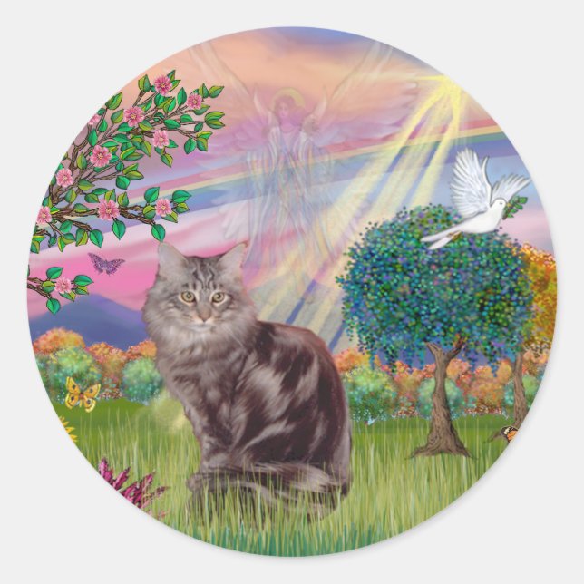 Maine Coon Cat - Cloud Angel Runder Aufkleber (Vorderseite)