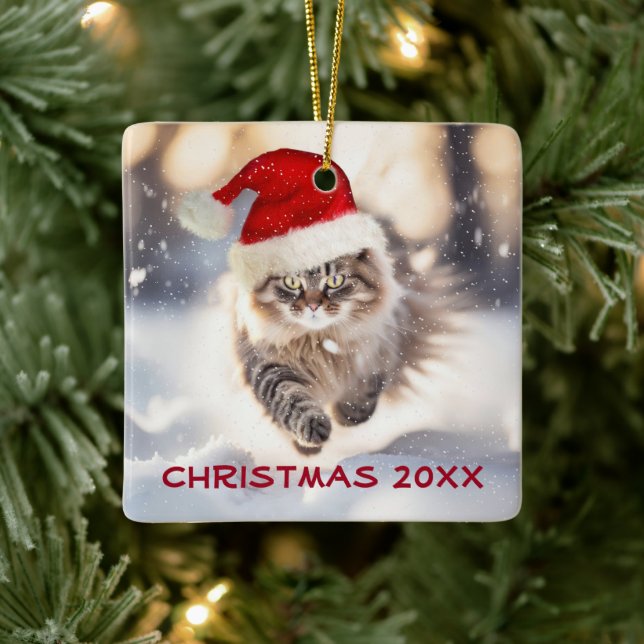 Maine Coon Cat Dashing Through the Snow Keramikornament (Baum)