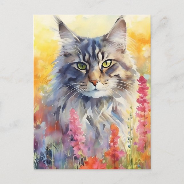 Maine Coon Cat farbige Aquarellbilder Postkarte (Vorderseite)