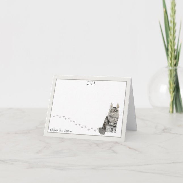 Maine Coon Cat Gray Border Monogram Name gefaltet Dankeskarte (Vorderseite)