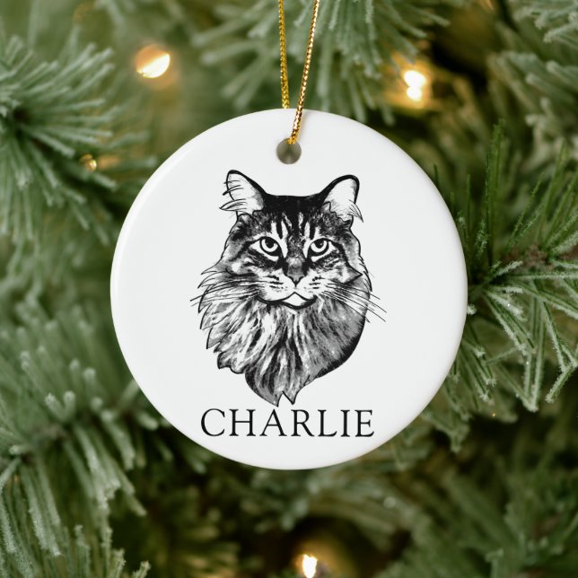 Maine Coon Cat Hand Zeichnend Personalisiert Keramik Ornament (Baum)