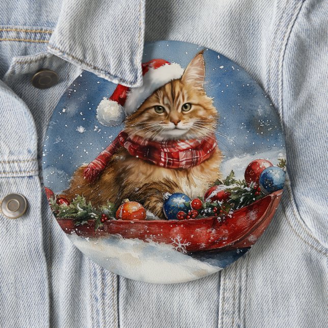 Maine Coon Cat in Sledge Let it Schnee Weihnachten Button (Beispiel)