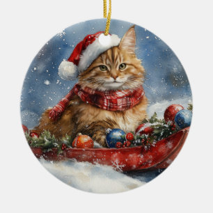 Maine Coon Cat in Sledge Let it Schnee Weihnachten Keramik Ornament