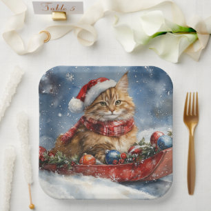 Maine Coon Cat in Sledge Let it Schnee Weihnachten Pappteller