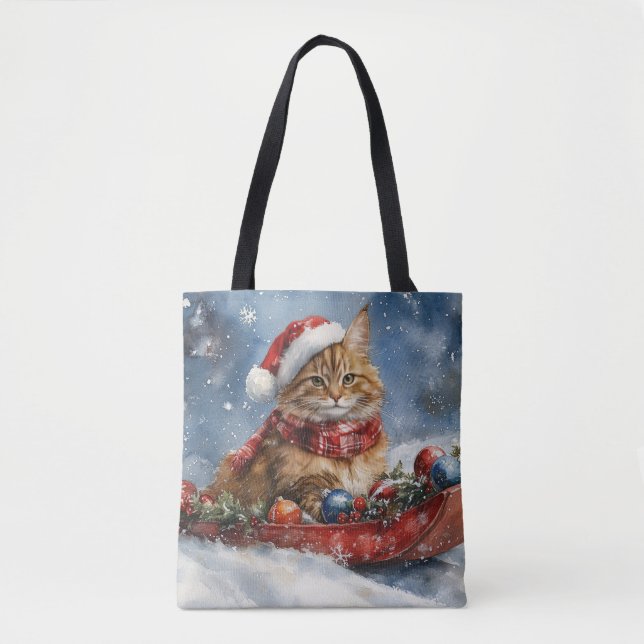 Maine Coon Cat in Sledge Let it Schnee Weihnachten Tasche (Vorderseite)