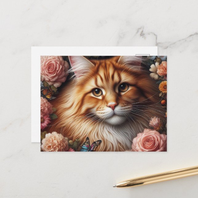 Maine Coon Cat mit rosa Blume Postkarte (Vorderseite/Rückseite Beispiel)