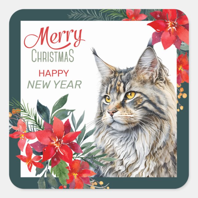 Maine Coon Cat Poinsettia Grenze Weihnachten Quadratischer Aufkleber (Vorderseite)