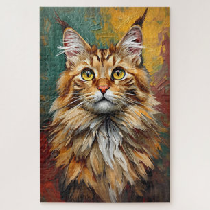 Maine Coon Cat Portrait Vibrant Oil Painting