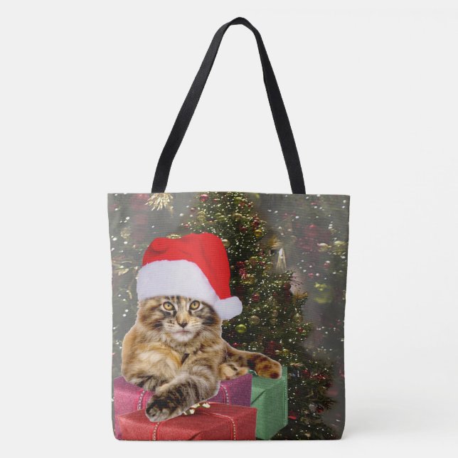 Maine Coon Cat Santa & Gifts Weihnachtsbaum Hinter Tasche (Vorderseite)