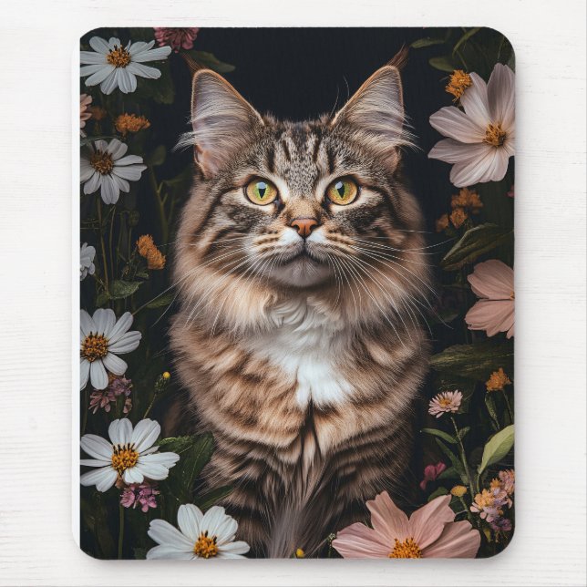 Maine Coon Cat Umgeben von Blume Mousepad (Vorne)