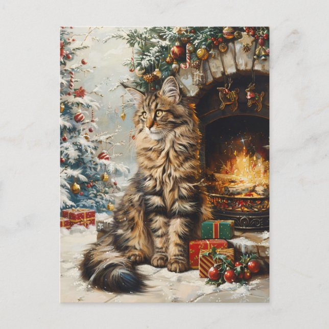 Maine Coon Cat Weihnachten Vintag Postkarte (Vorderseite)