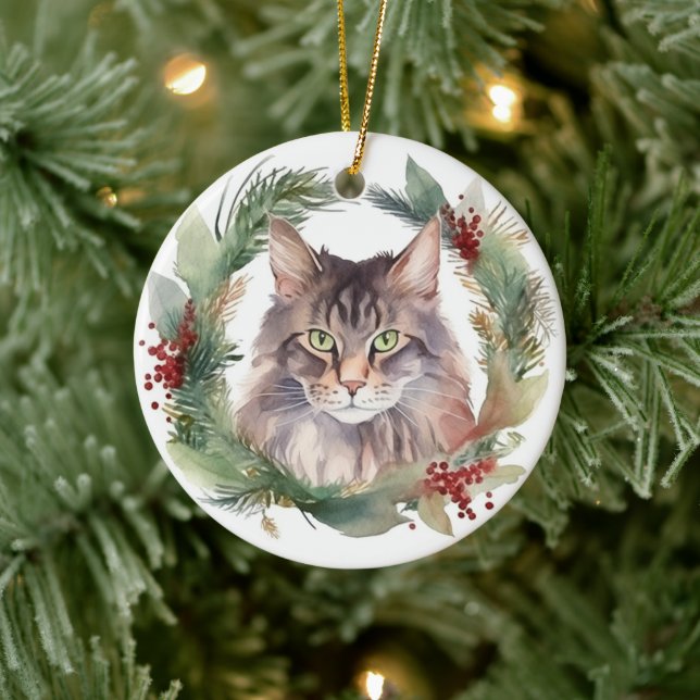 Maine Coon Cat Weihnachtsschreath Festive Kitten Keramik Ornament (Baum)