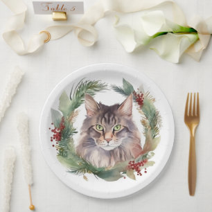 Maine Coon Cat Weihnachtsschreath Festive Kitten Pappteller