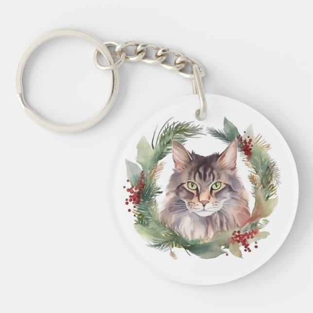 Maine Coon Cat Weihnachtsschreath Festive Kitten Schlüsselanhänger (Vorderseite)
