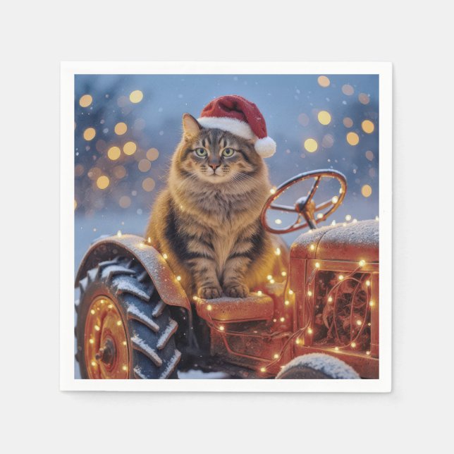 Maine Coon Christmas Cat On an Old Tractor Serviette (Vorderseite)