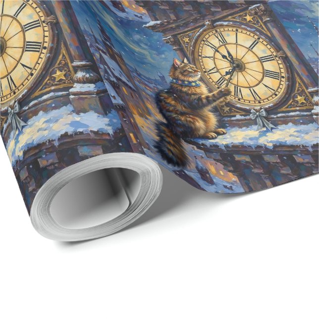 Maine Coon Christmas Clock Tower Midnight Geschenkpapier (Rolleneckpunkt)