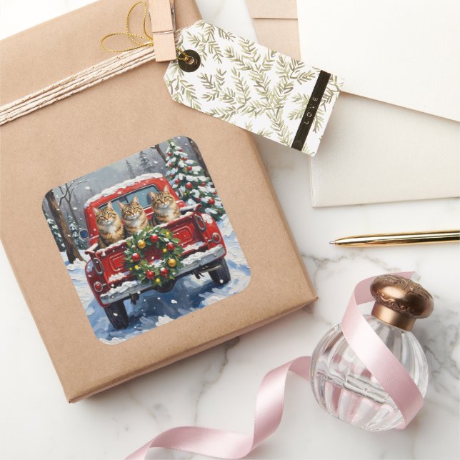 Maine Coon Christmas Red Truck Holiday Quadratischer Aufkleber (Schenken)