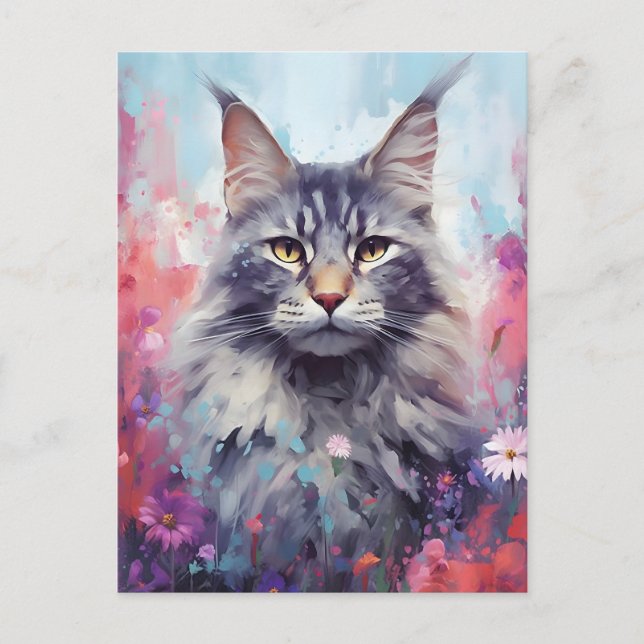 Maine Coon farbenfrohe Aquarellbilder Postkarte (Vorderseite)