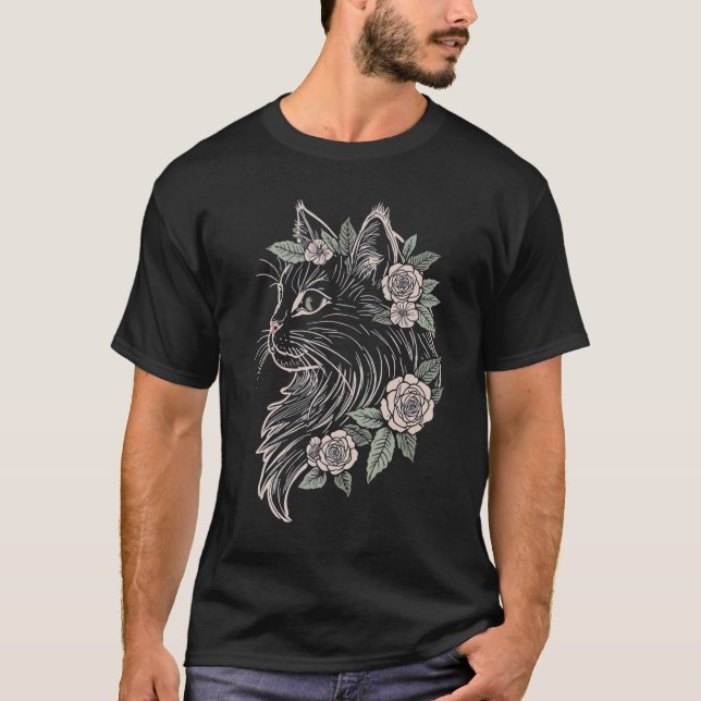 Maine Coon Floral Cat T-Shirt (Vorderseite)