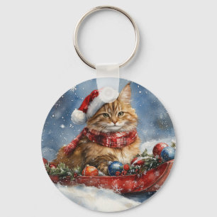 Maine Coon Katze im Schlitten Lass es schneien Wei Schlüsselanhänger