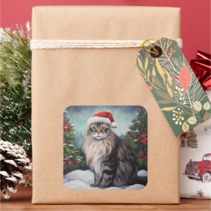 Maine Coon Katze im Schnee Weihnachten Quadratischer Aufkleber