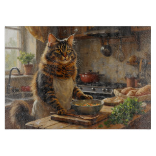 Maine Coon Katze kocht in der Küche Schneidebrett