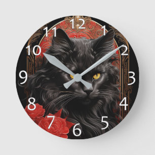 Maine Coon-Katze mit Blume Runde Wanduhr