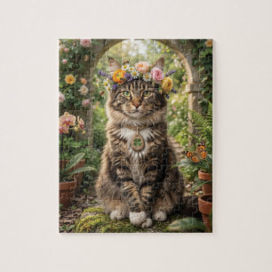 Maine Coon Katze mit Blumenkrone in einem Garten