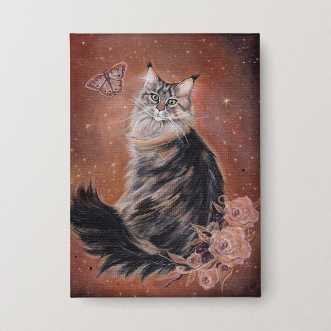 Maine Coon-Katze mit Blumenkunst von Renee  Button (Vorderseite)